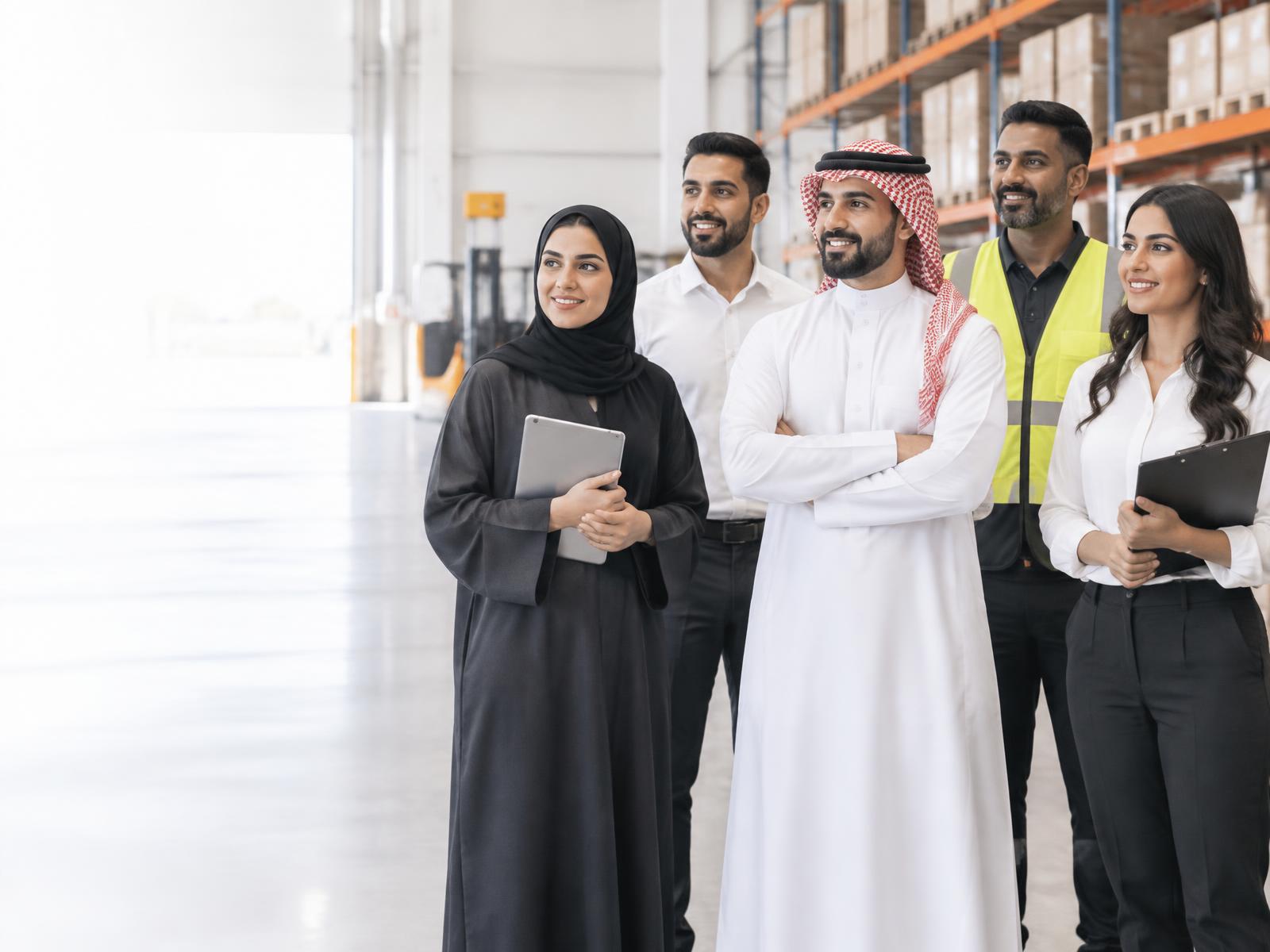Professional distribution team in a modern warehouse